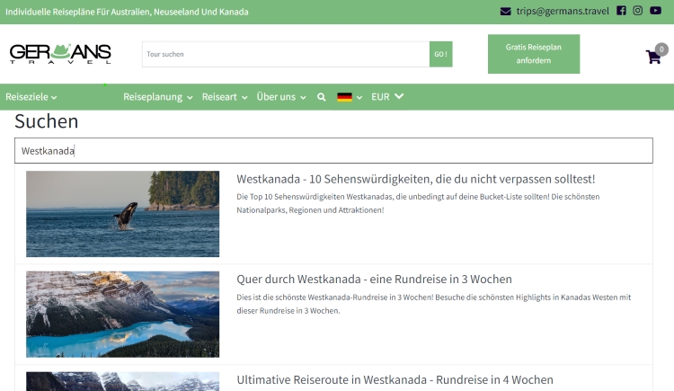 Screenshot Suchfunktion auf germans.travel